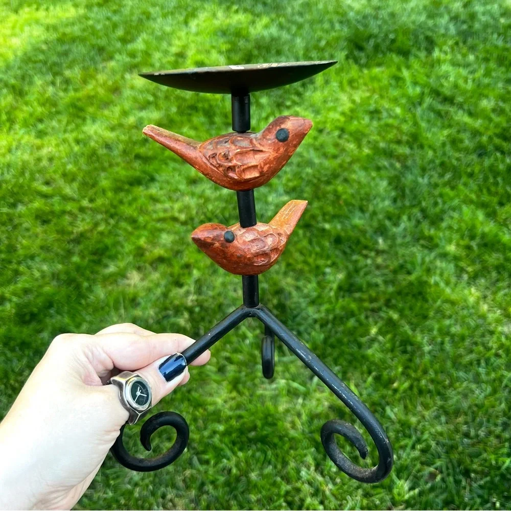 Wrought Iron Pillar Candle Holder with Wood Carved Birds 9